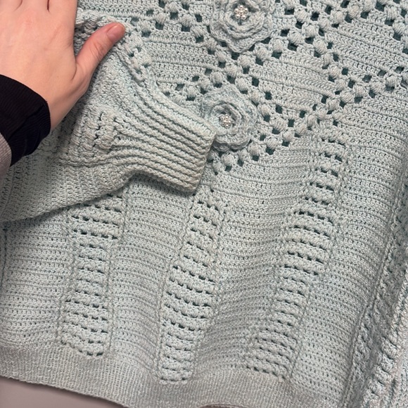 Mint Green Vintage Hand knit Sweater Rhinestone Embellished - Picture 4 of 5